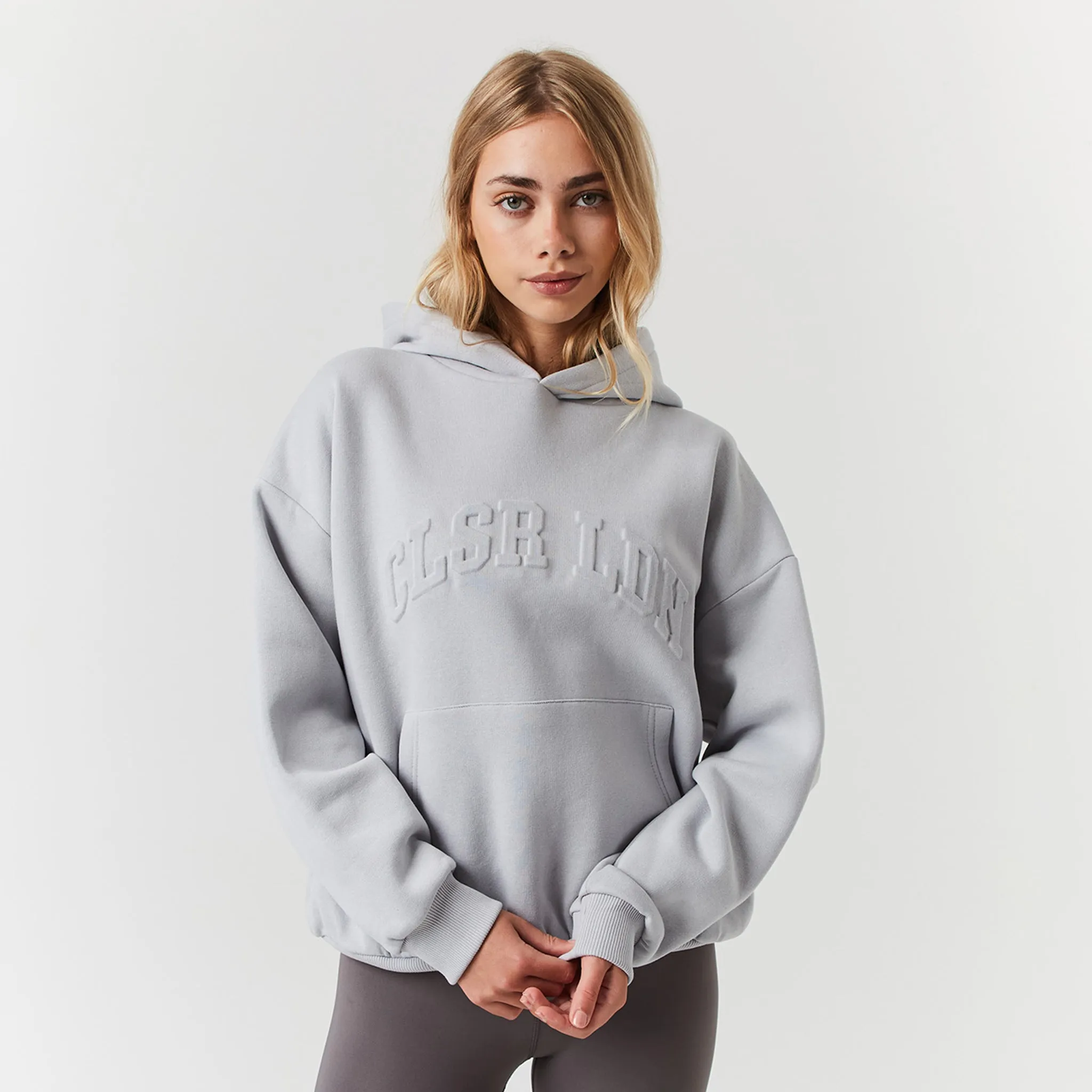 Ribbed Hem Comfy Streetwear Embossed Varsity Hoodie | Ice Grey