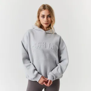 Ribbed Hem Comfy Streetwear Embossed Varsity Hoodie | Ice Grey
