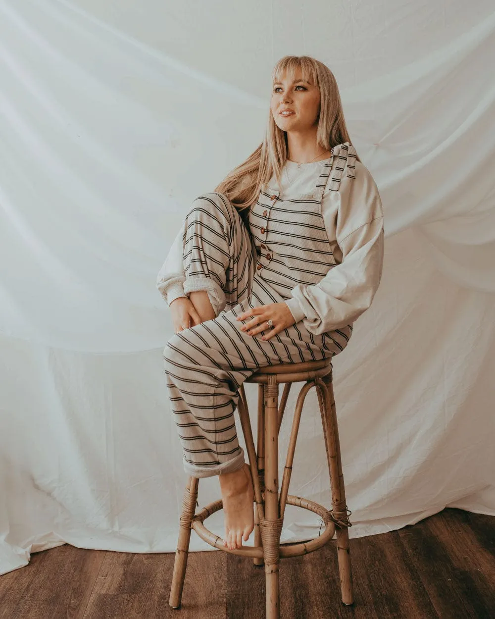 wrinkle free Wide Glow Erin Beige Retro Stripe Print Dungarees