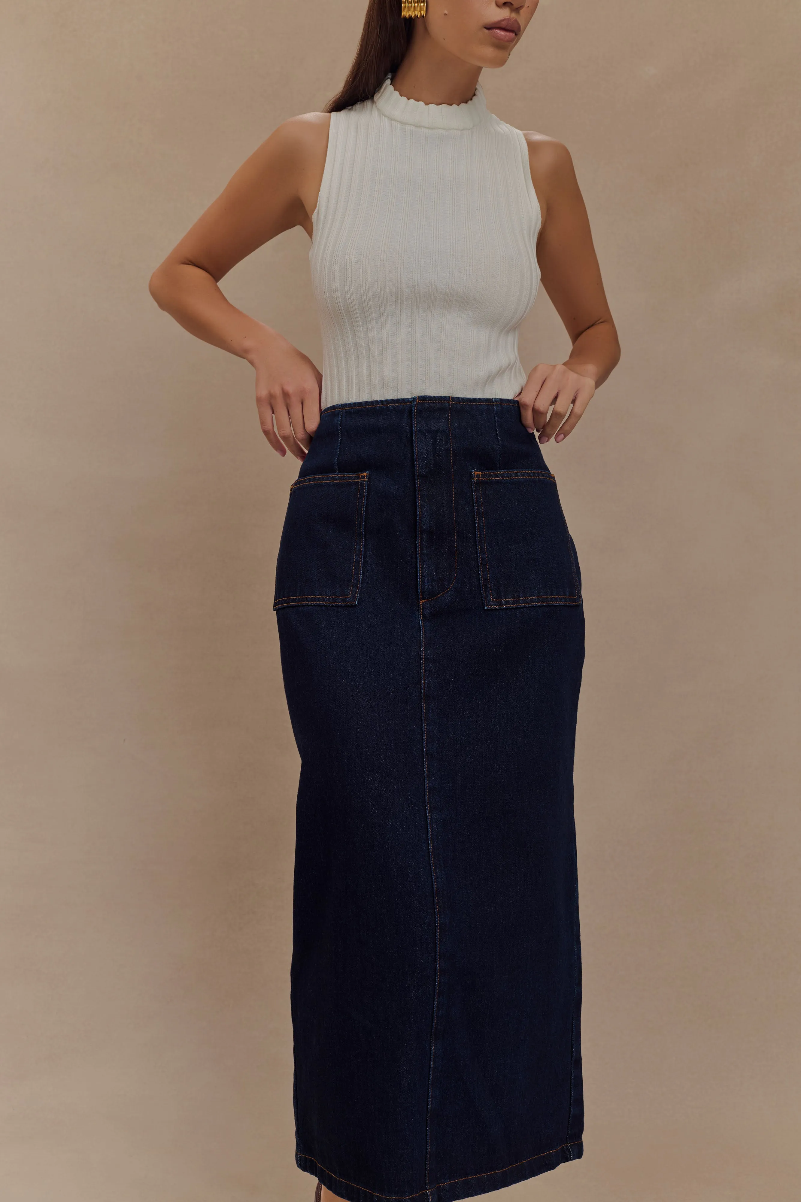 Fallon Denim Midi Skirt - Indigo Blue Casual Wear