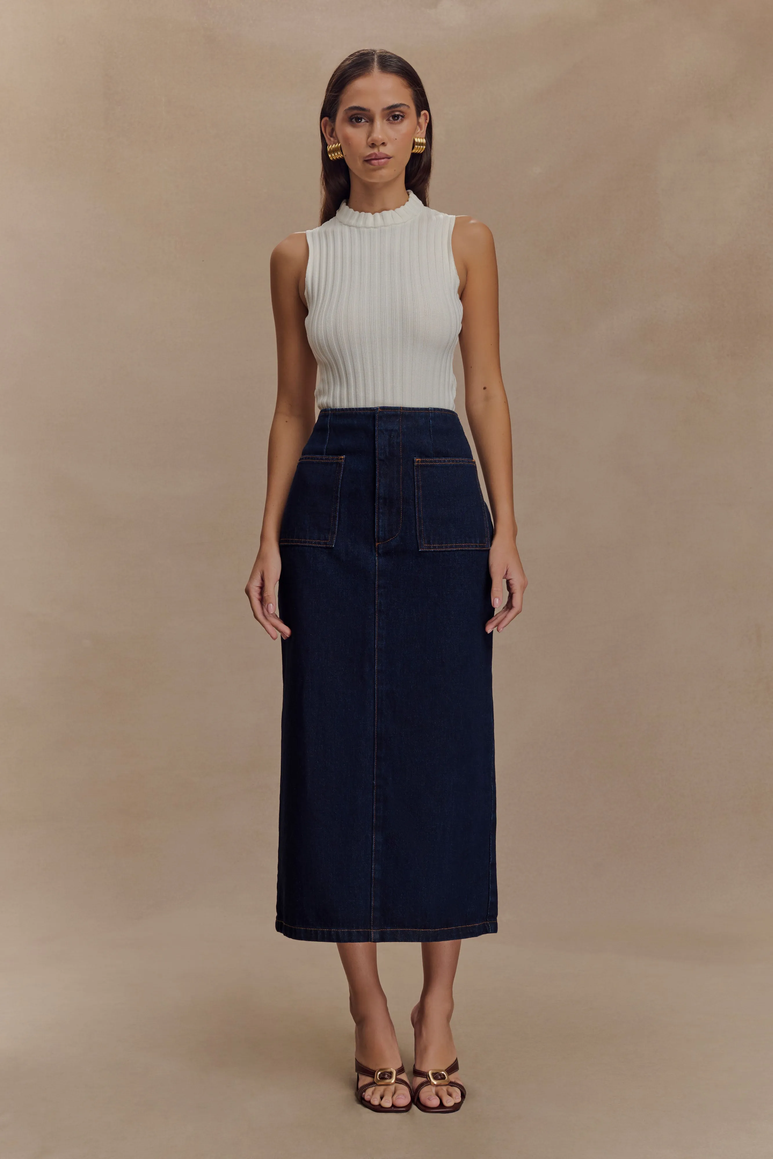 Always Needed Neutral Casual Fallon Denim Midi Skirt - Indigo Blue