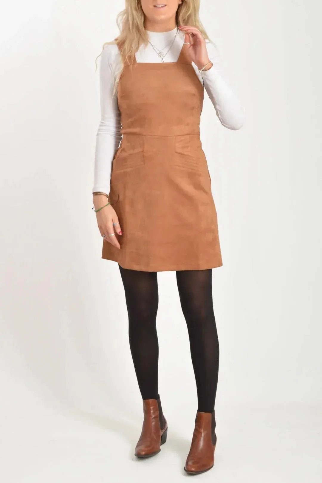 Maternity-Fit Soft Draping Faux Suede Pinafore Dress