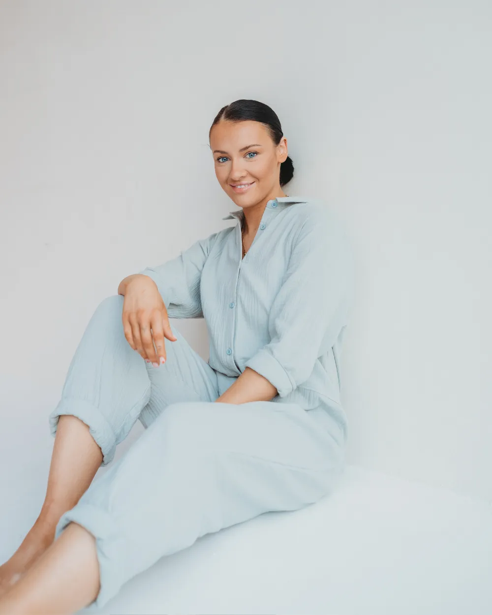 Shana Sky Blue Collared Jumpsuit smooth zipper