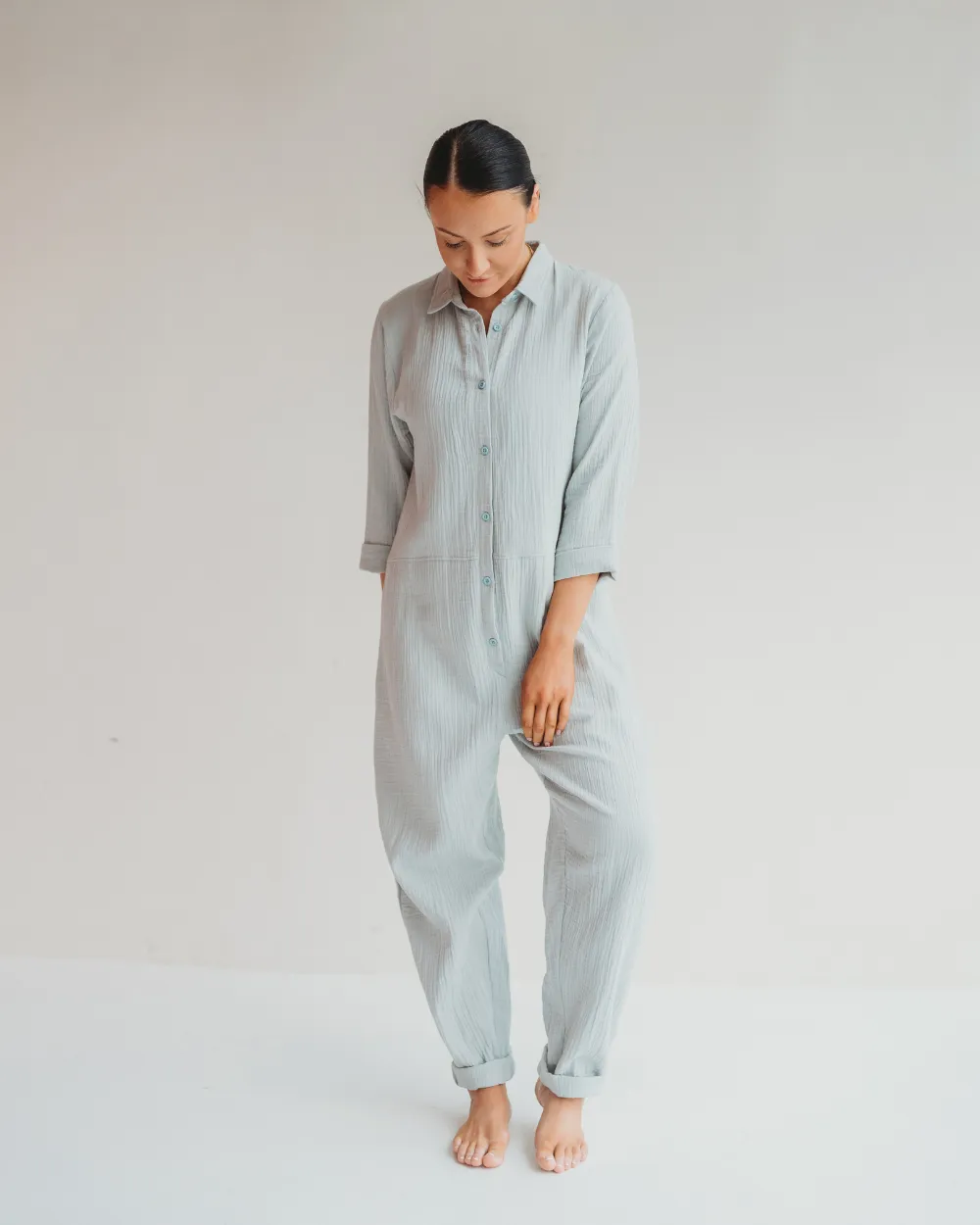 Shana Sky Blue Collared Jumpsuit Flexible Fit