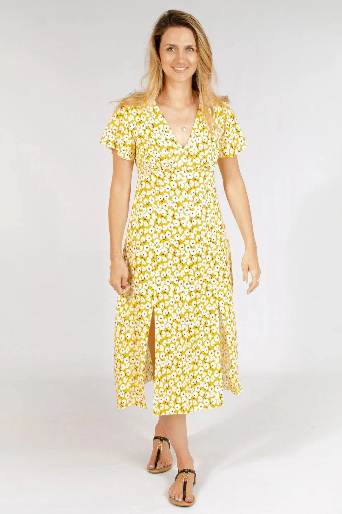 Raglan-Sleeve Fresh Color Yellow Daisy Floral Summer Dress