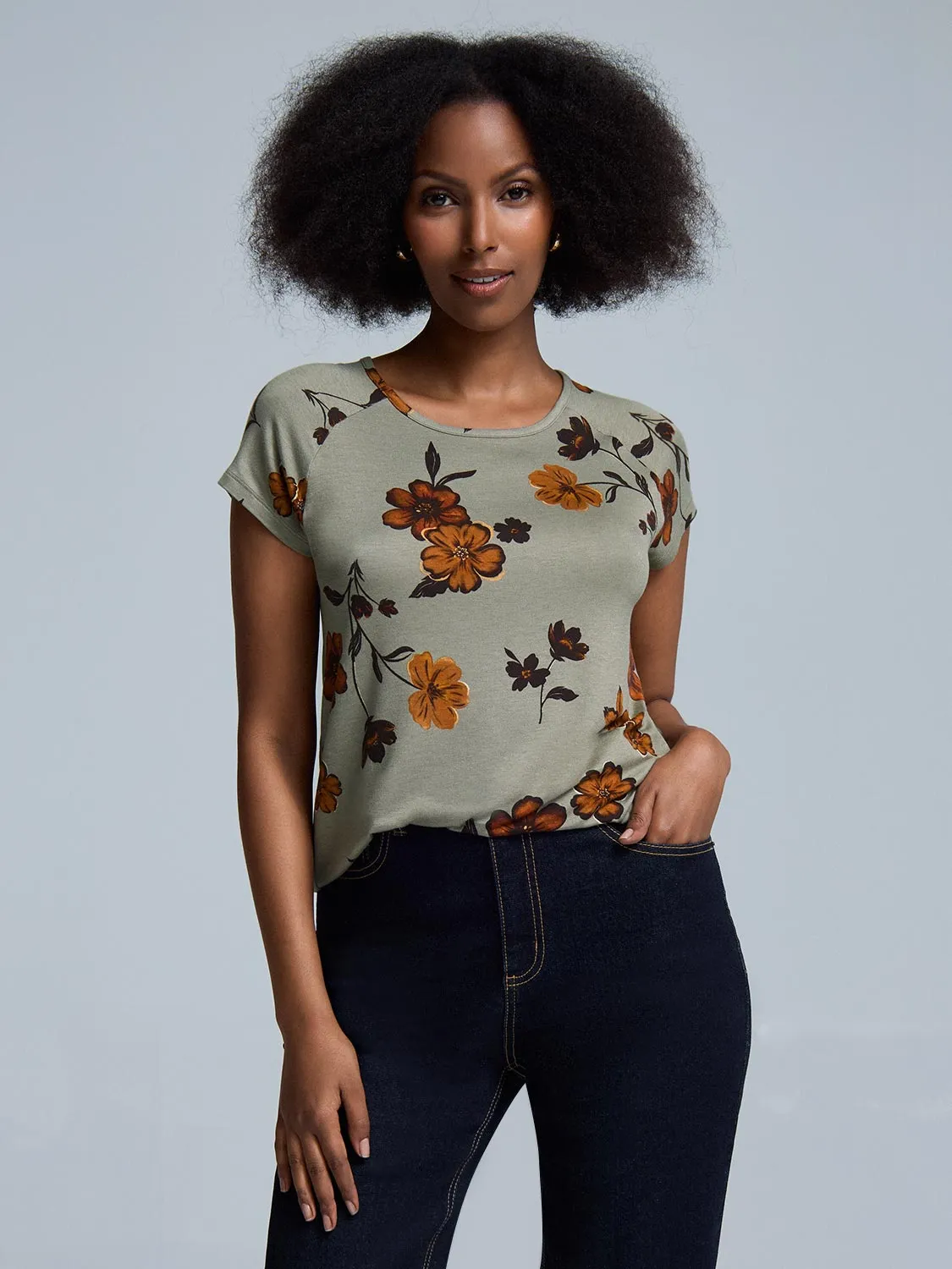 Timeless Layering Short Raglan Sleeve Floral T-Shirt