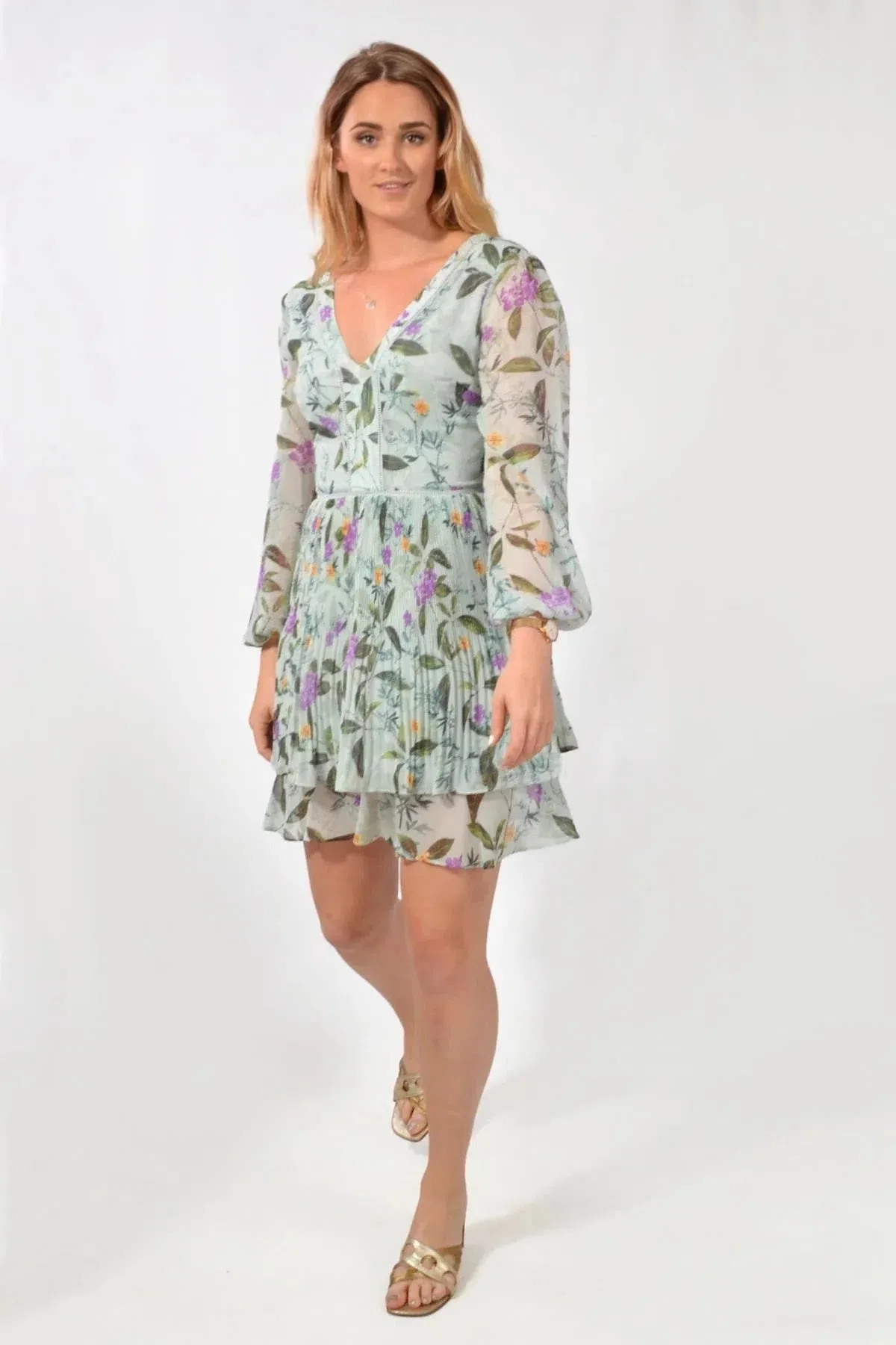 Floral Chiffon Long Sleeve Dress Side-Zip Gradient Shade