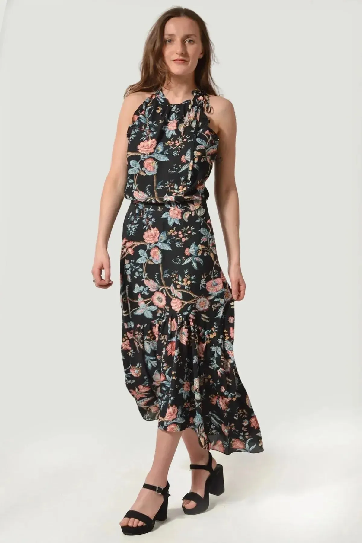 Floral High Neck Maxi Dress Cap-Sleeve