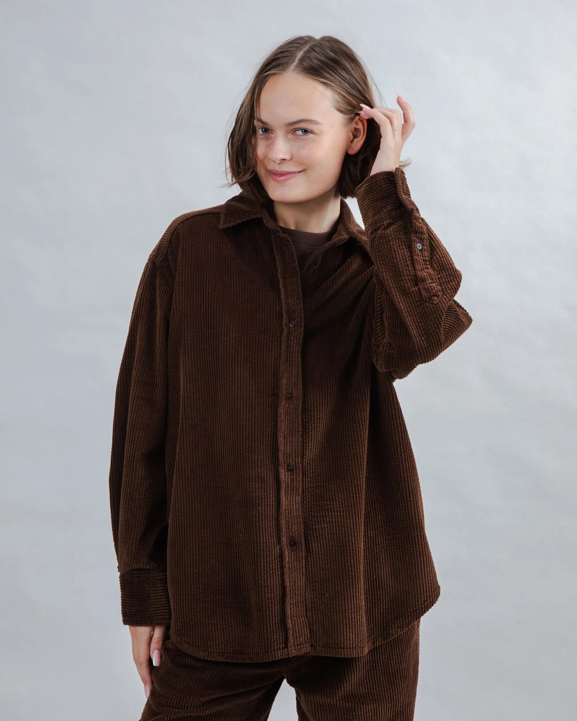 Corduroy Long Overshirt Chocolate Striped modernity All-Day Wear