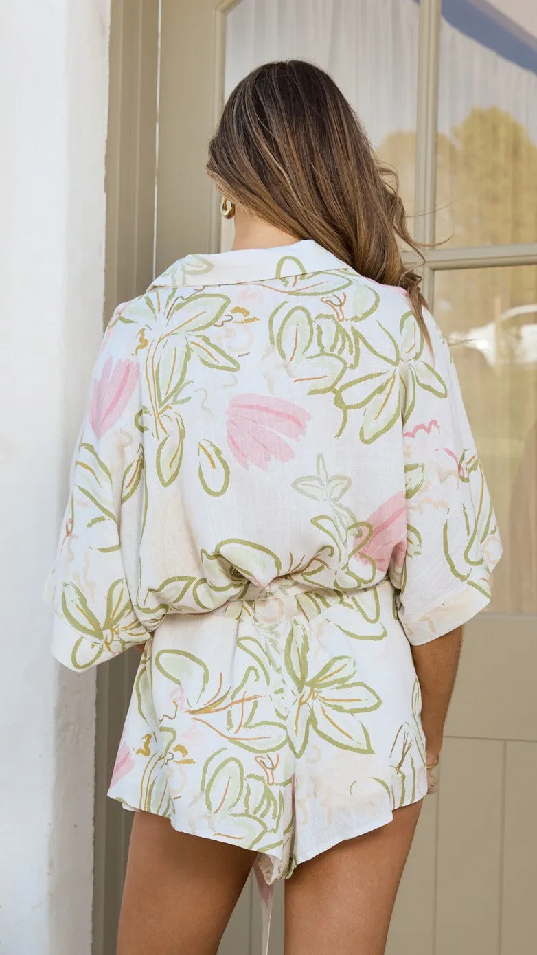 Versatile Fashion Seamless Sleeve Construction Bailin Playsuit - Primavera Print