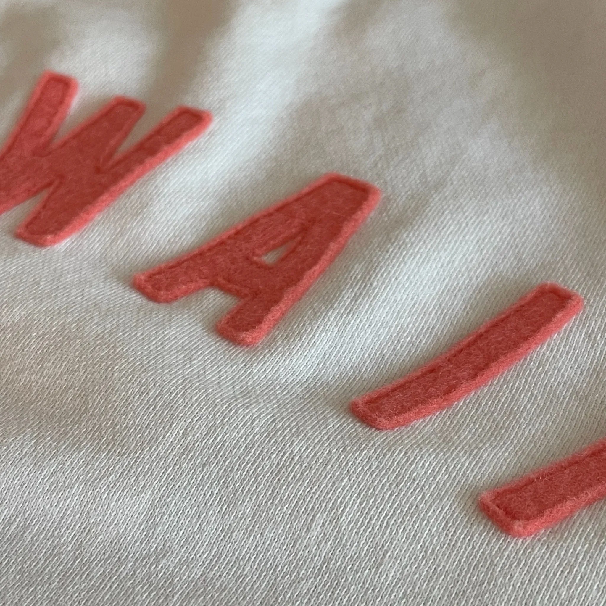 Mens-Unisex Raglan Fleece White x Coral HAWAI`I Applique' Kangaroo Pocket Tall Length