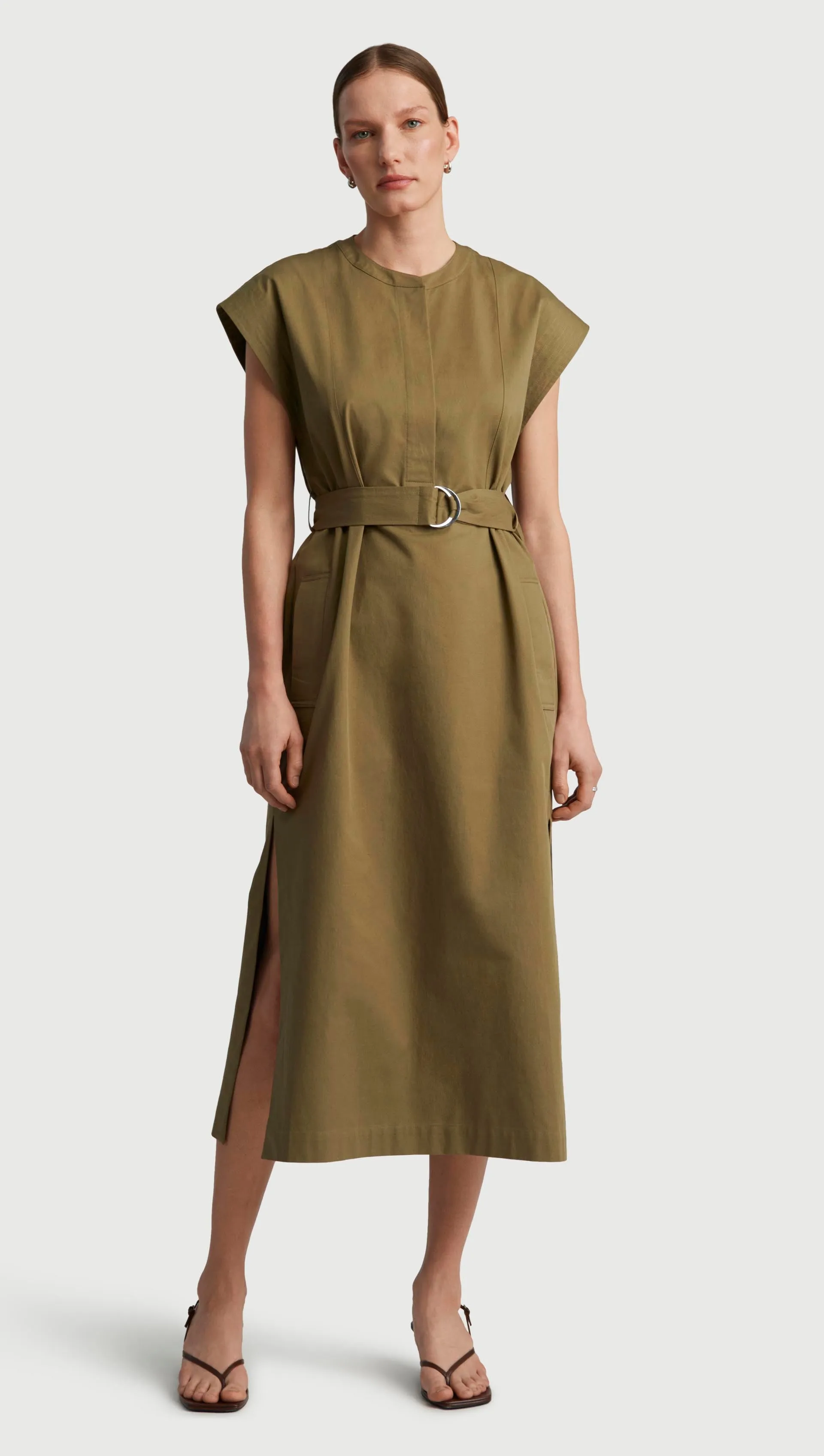 Dew Glow Neutral Tones Bib Dress in Cotton Twill | Mushroom