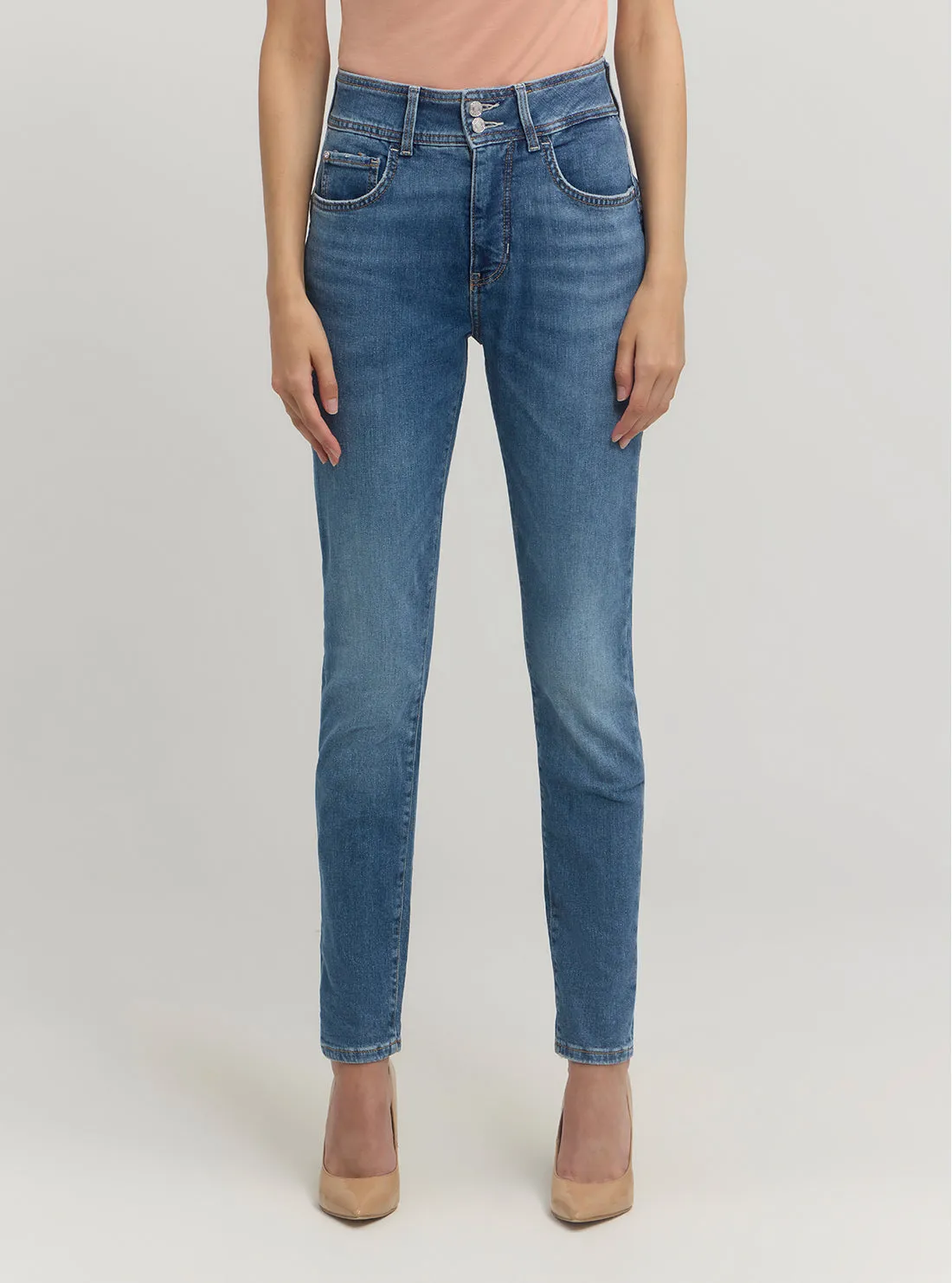 Blue Denim Shape Up High-Rise Jeans in Mid Wash Wide Leg Silhouette
