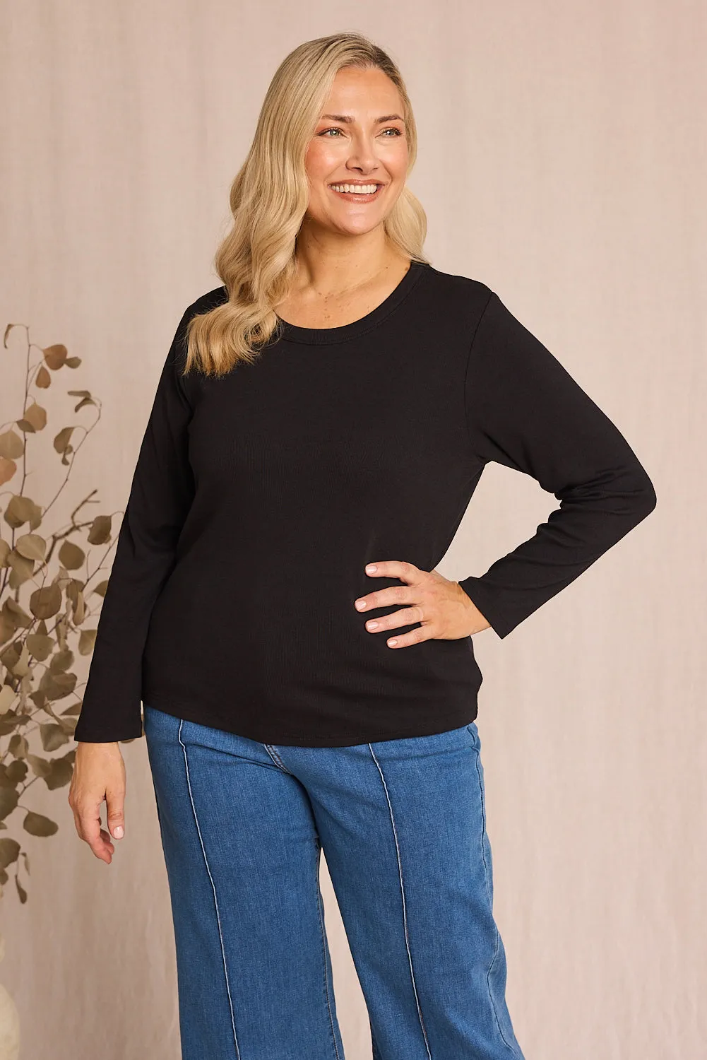 Adrift Ribbed Long Sleeve Tee in Black Spandex Enhanced Elasticity