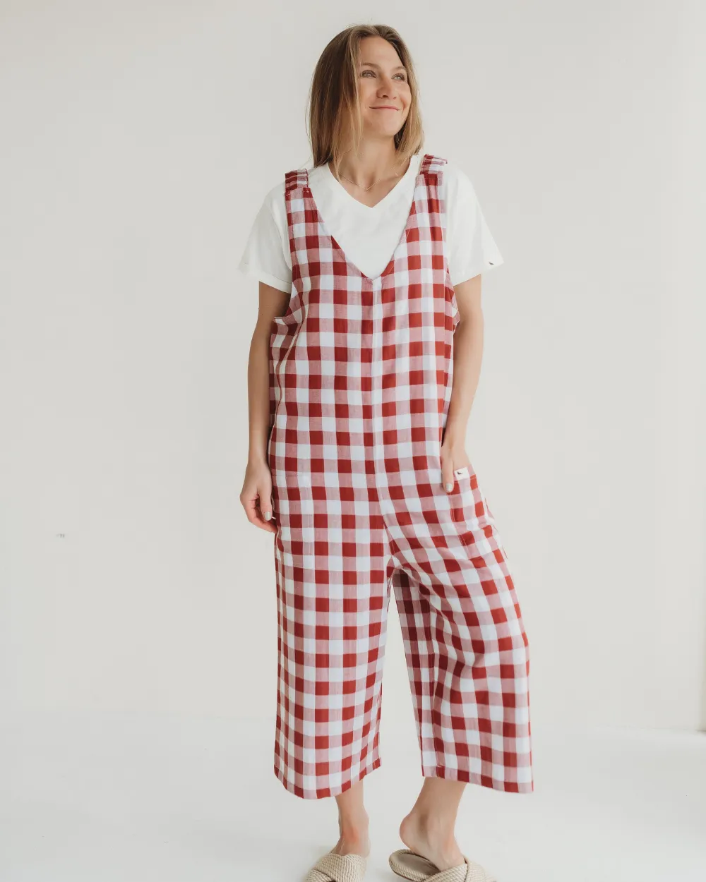 Grace Brick Red Check Print Wide Leg Jumpsuit Party Ready Business Outfit
