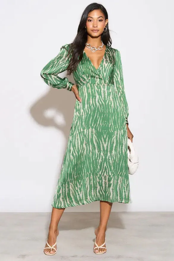 Green Print Satin Midi Dress Fall Inspired Subtle Elegance