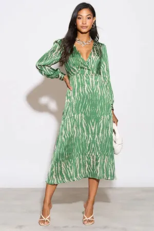 Smooth Feel Green Print Satin Midi Dress