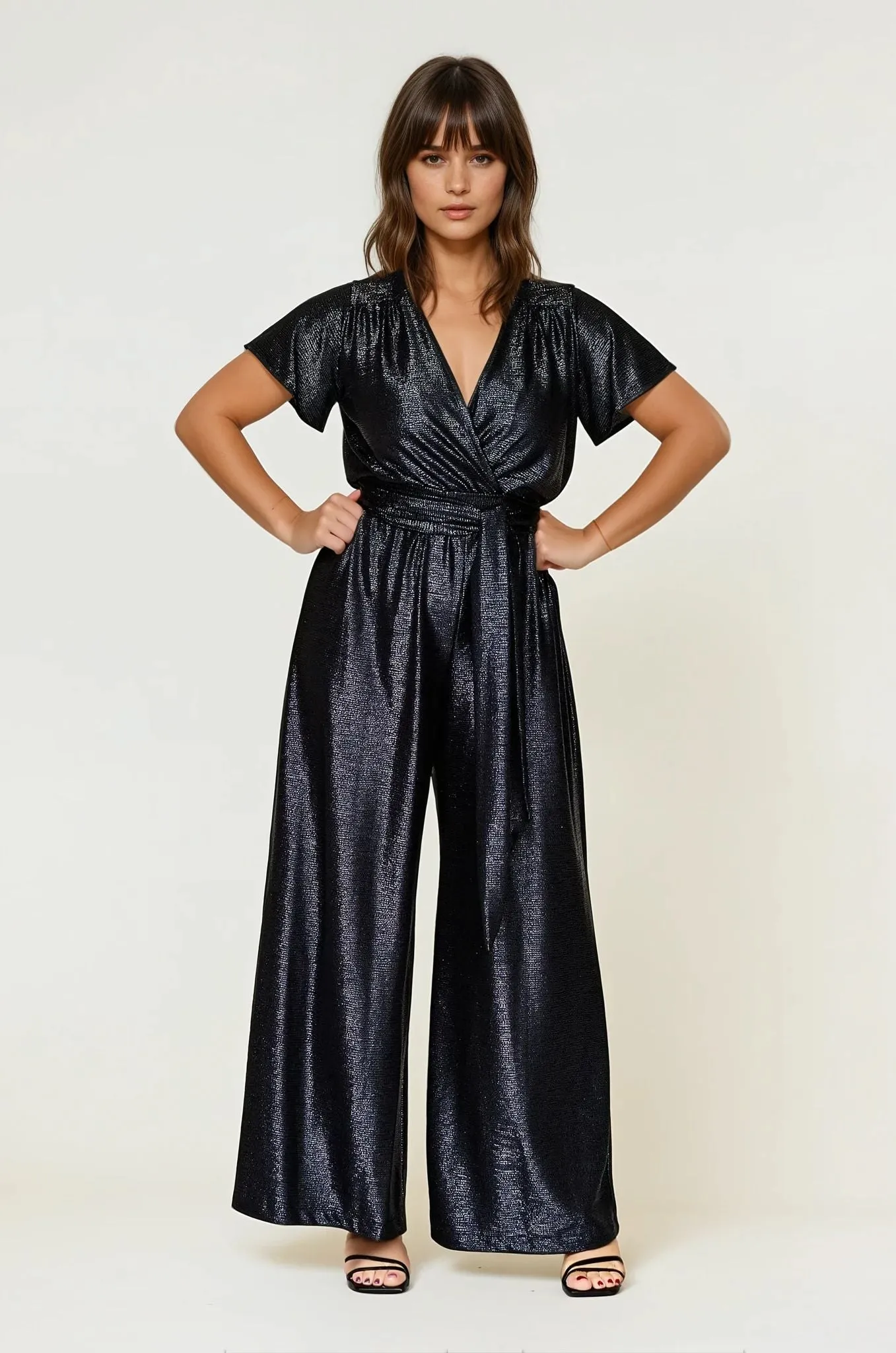 Helena Cap Sleeve Jumpsuit Navy LayeredNeckline Versatile Design