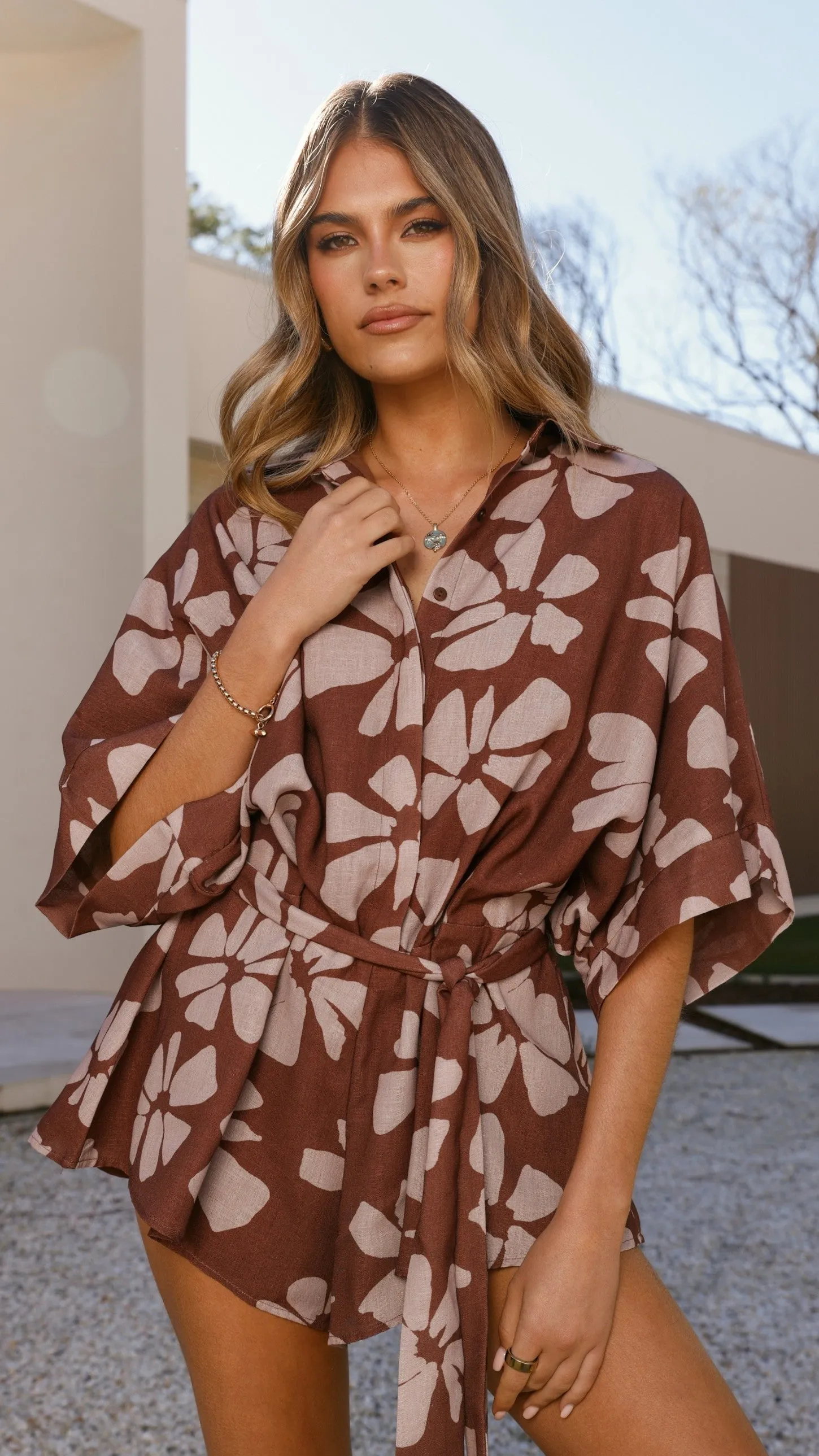 MultiPurposePockets Bailin Playsuit - Brown Daylillies