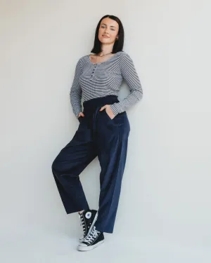 Kate Navy Barrel Leg Trousers Simple Silhouette Shape Retention