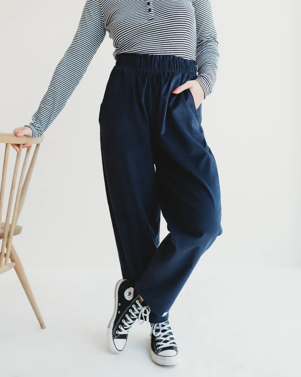 Kate Navy Barrel Leg Trousers Stable Shape