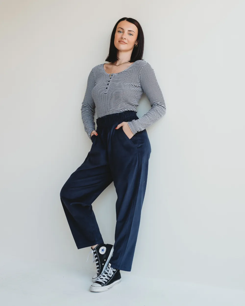 Kate Navy Barrel Leg Trousers Simple Silhouette Shape Retention