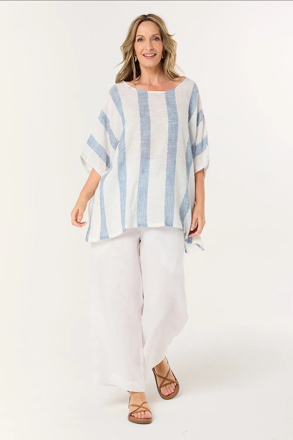 Cherry Oversized Top in Blue Stripe Breathable Waistband Casual Comfort