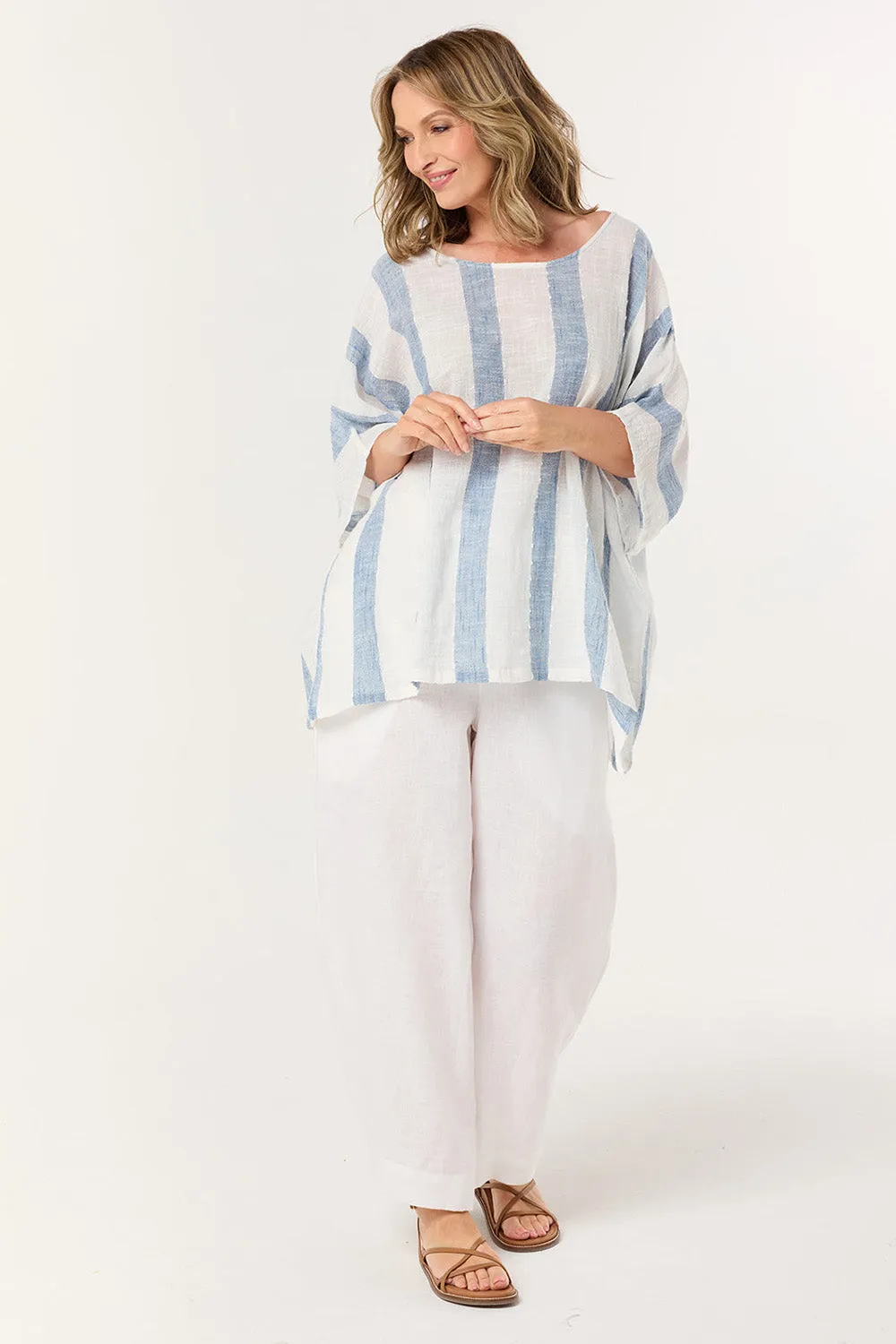 Breathable Design Wear UV Protection Fabric Cherry Oversized Top in Blue Stripe