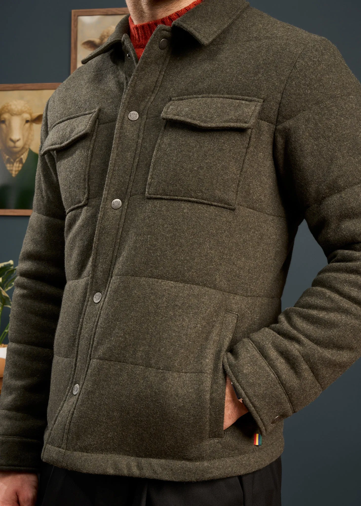 Pocket Details Holiday Trip Richmond Men's Knitted Quilted Shacket In Olive