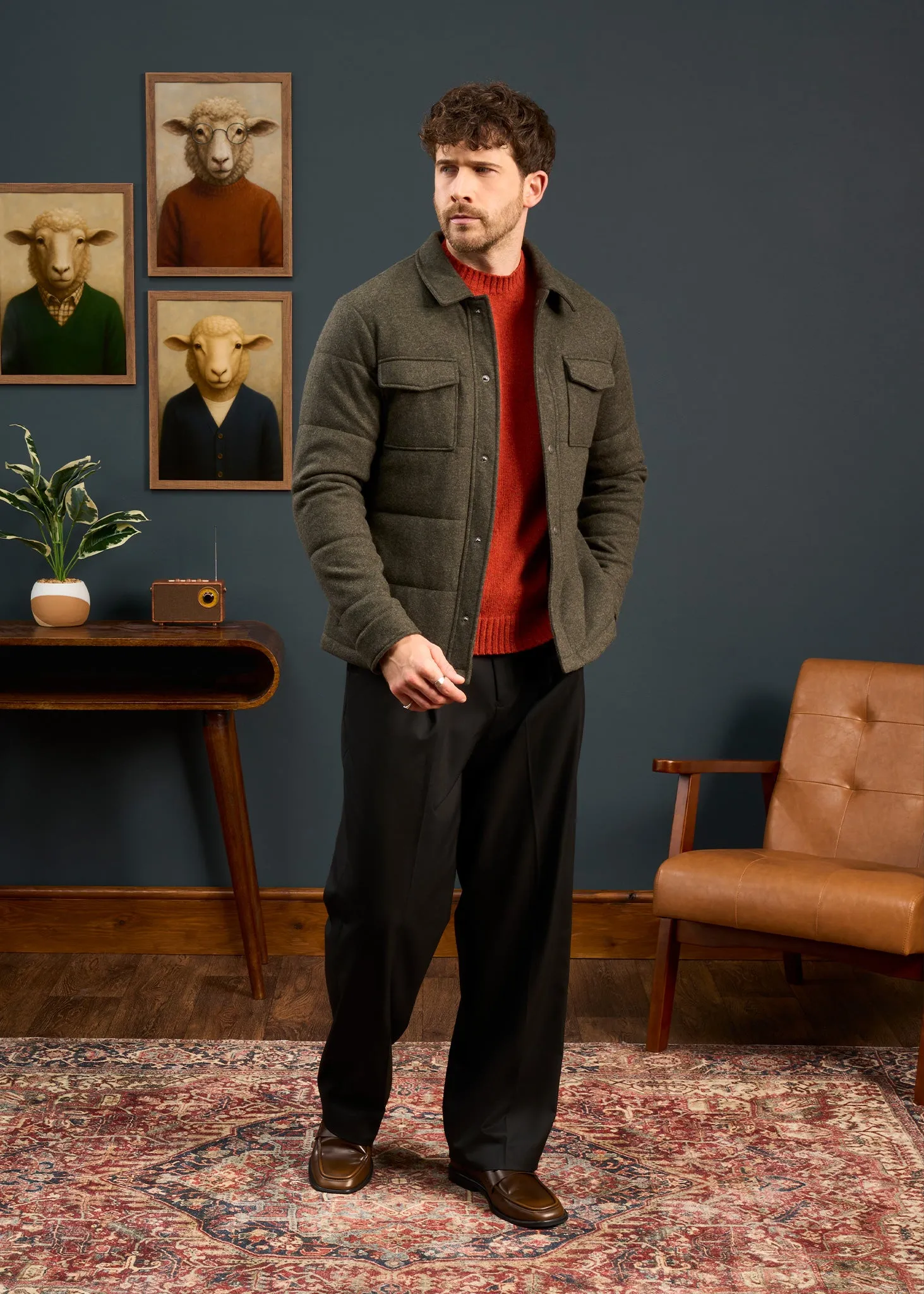 Richmond Men's Knitted Quilted Shacket In Olive Removable Hood