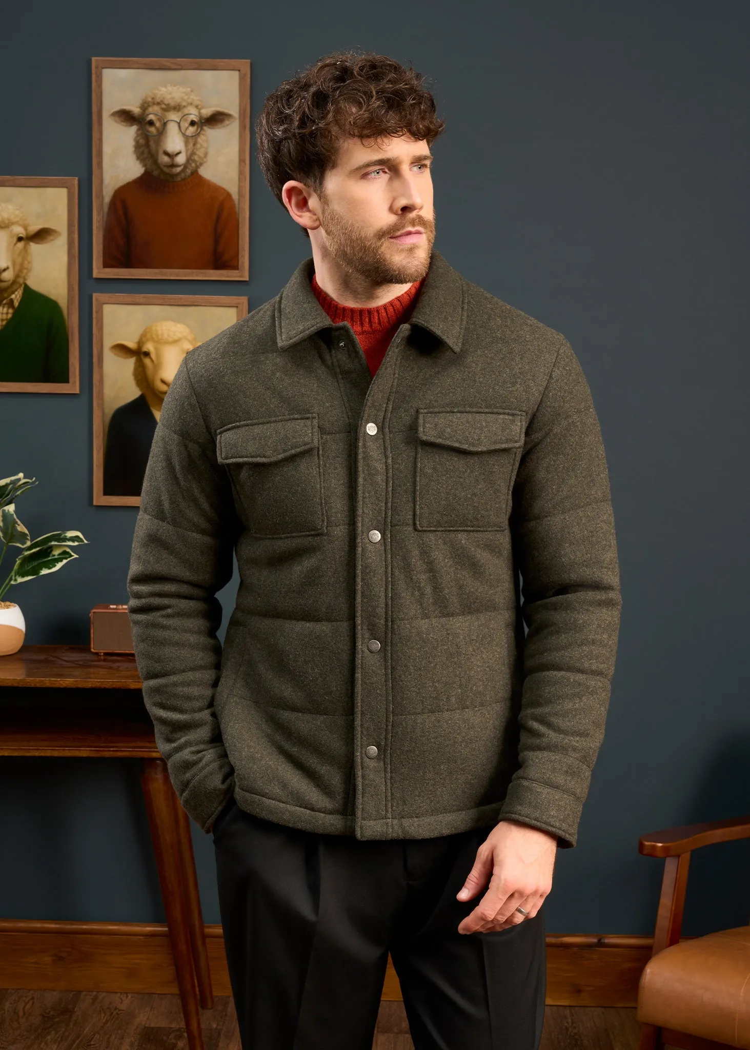 Richmond Men's Knitted Quilted Shacket In Olive BondedSeams Checkered Style