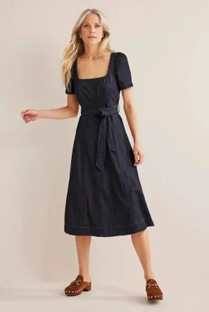 Sophisticated Waistband Fit Indigo Denim Square Neck Midi Dress