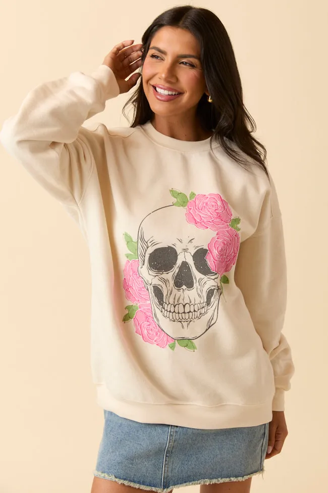 Skull and Roses Cream Graphic Sweatshirt SALE Quick Dry Wear Camping attire