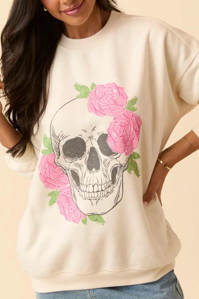 Skull and Roses Cream Graphic Sweatshirt SALE Layered Collar Structure casual outing