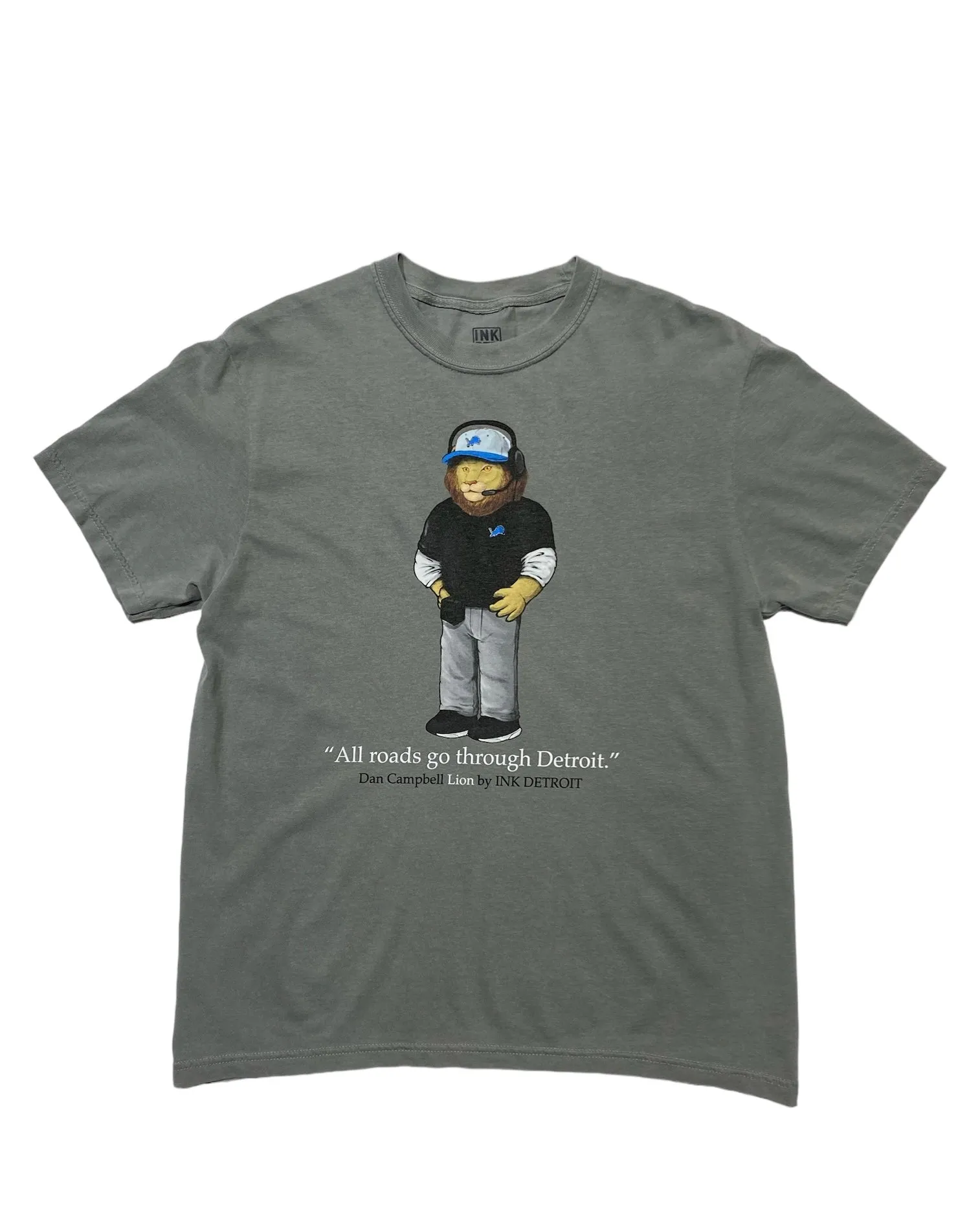 Ink Detroit - Dan Campbell Lion -  Heavyweight T-Shirt - Pigment Dyed Grey Vibrant Prints Comfort Stretch Fit