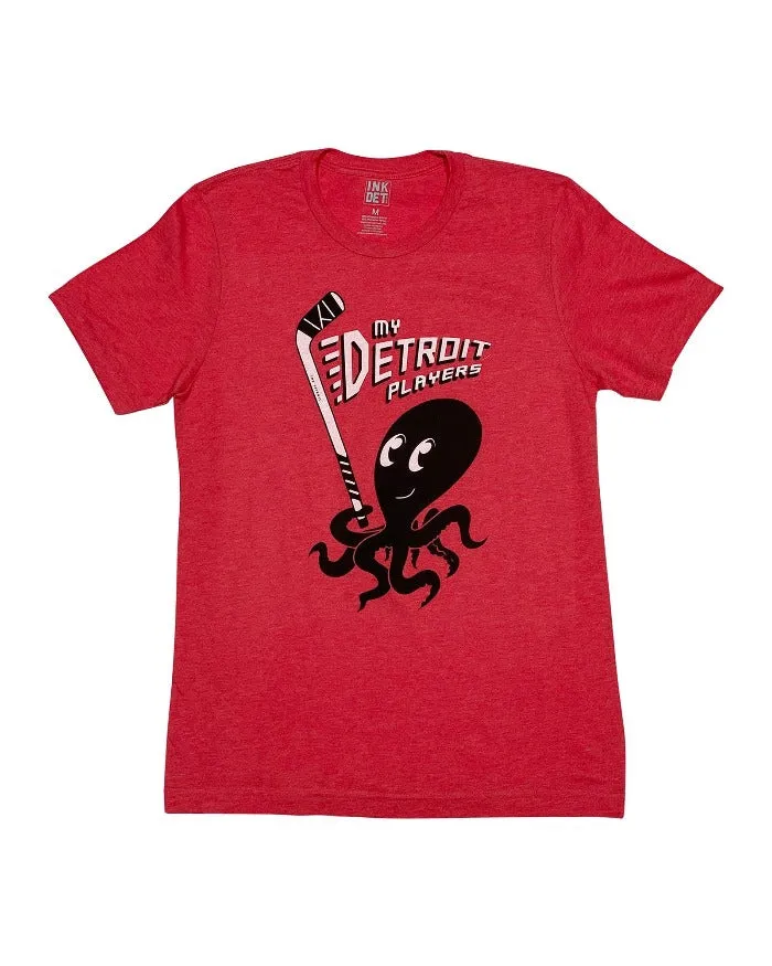 NonRestrictive Cut Modern Design Ink Detroit My Detroit Players Octopus T-Shirt - Red