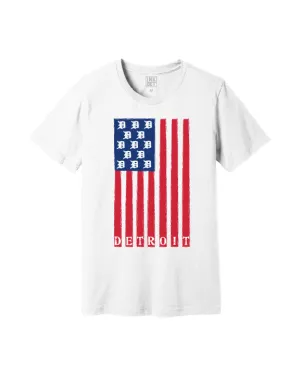 Minimalist Aesthetic Quick Release Hem Ink Detroit USA Flag T-Shirt - White