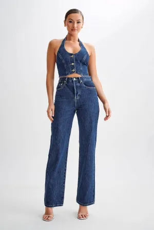 Janine High Waisted Straight Leg Jeans - Dark Blue Multi Season Piece Garment Dyed Technique