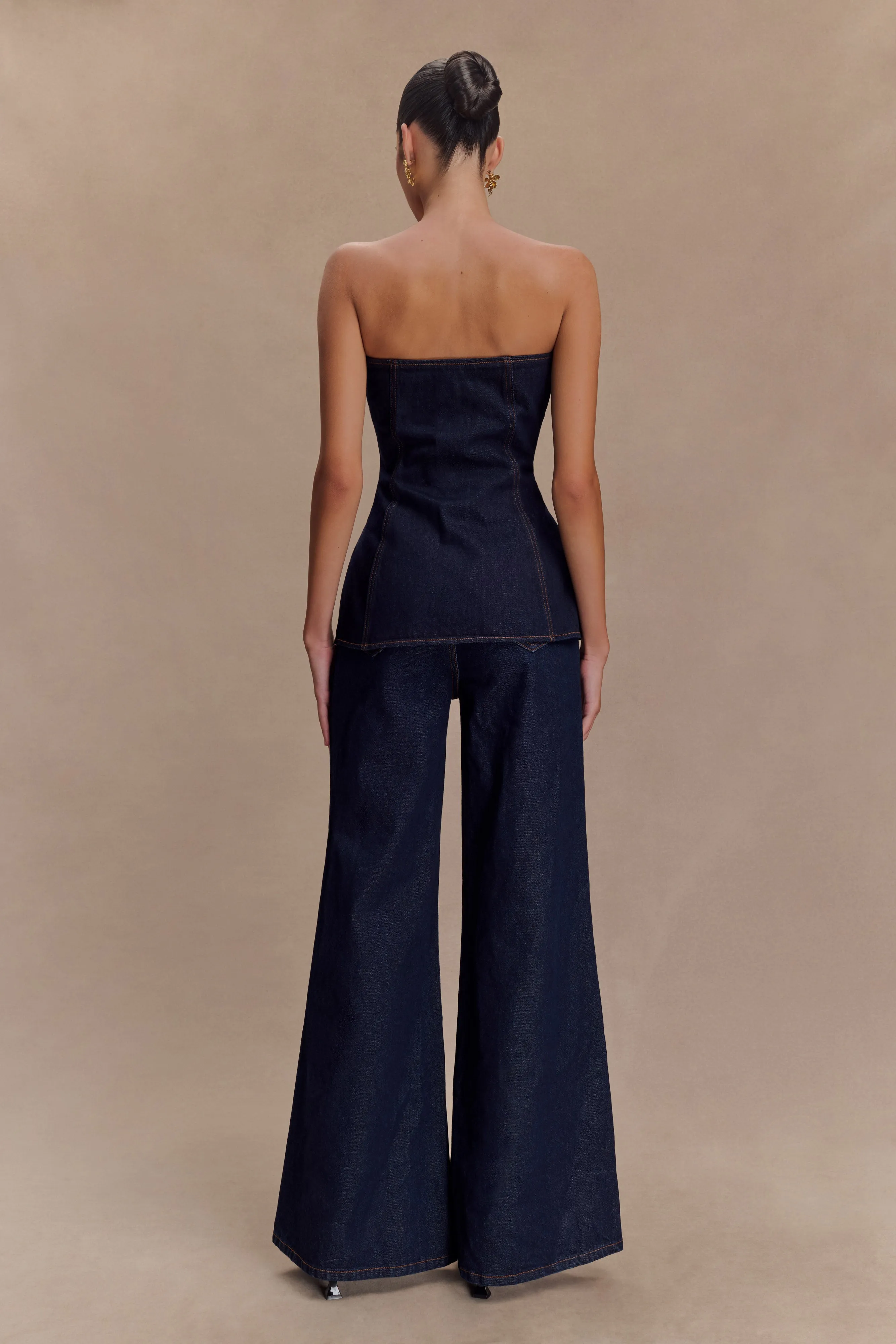 Jen Wide Leg Flare Denim Jeans - Indigo Blue Minimal Shrinkage Fabric Season Ready