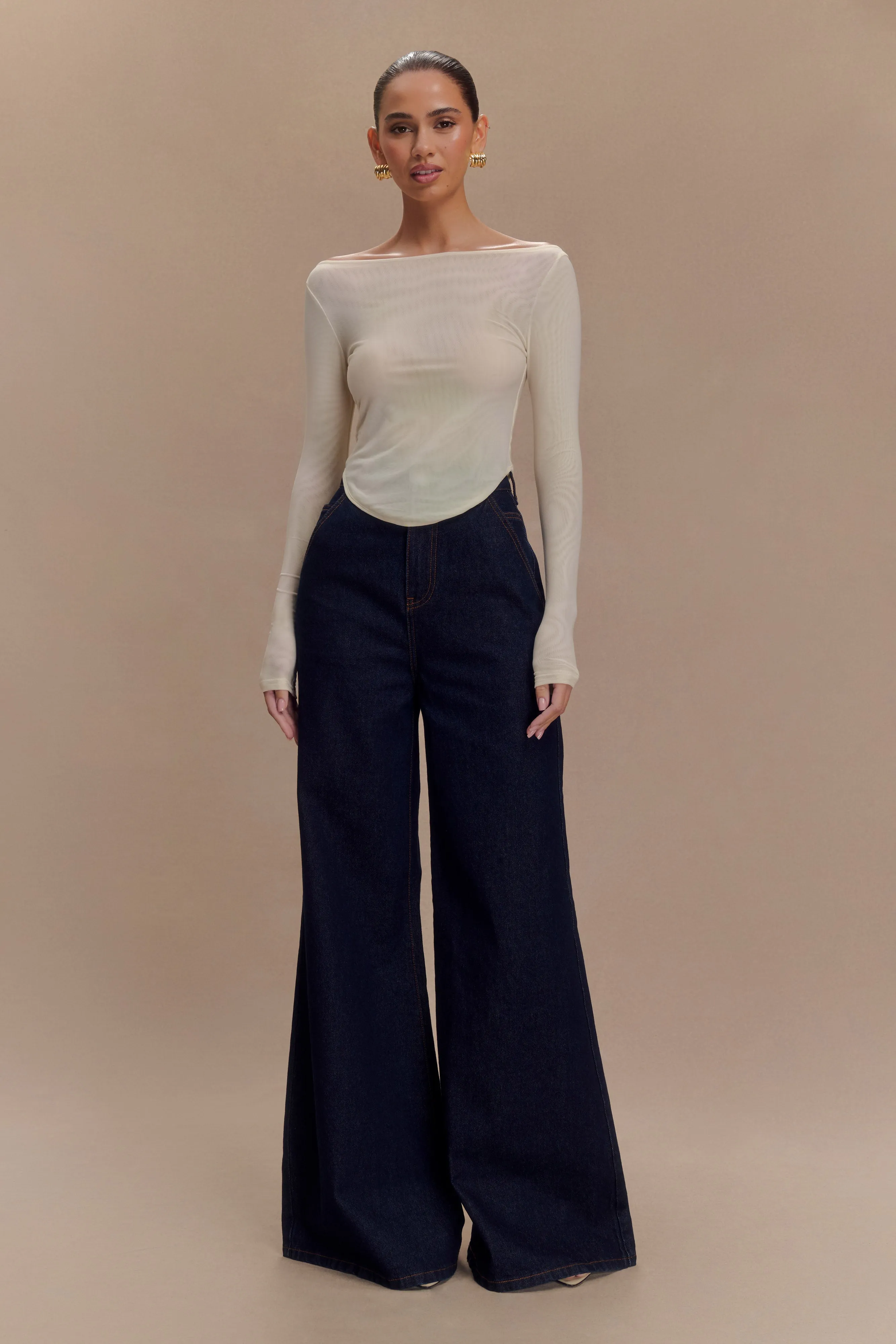 Casual Staple Shrink Resistant Denim Jen Wide Leg Flare Denim Jeans - Indigo Blue
