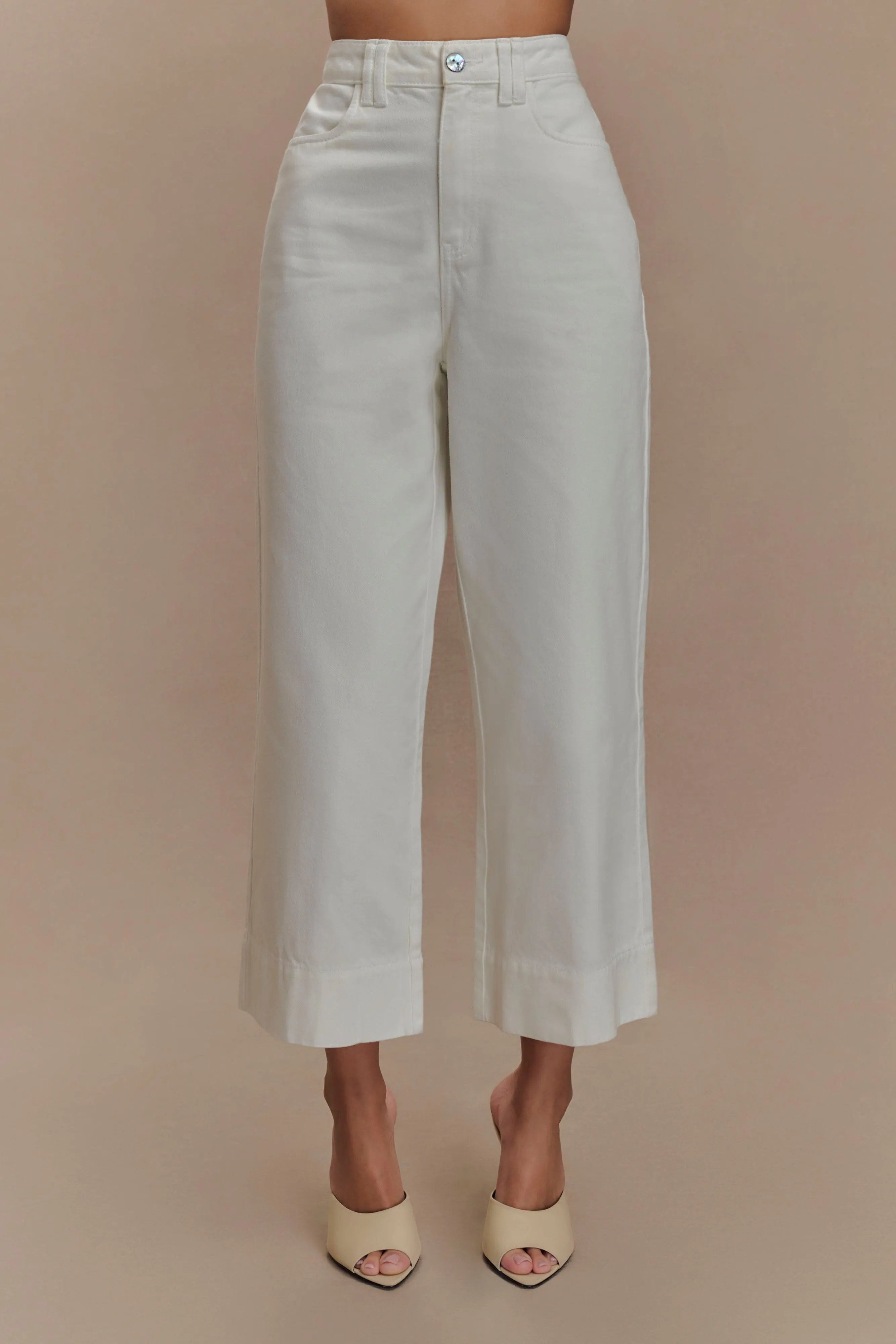 Kaitlyn Cropped Wide Leg Jeans - White Softened Texture Hidden Rivet Details