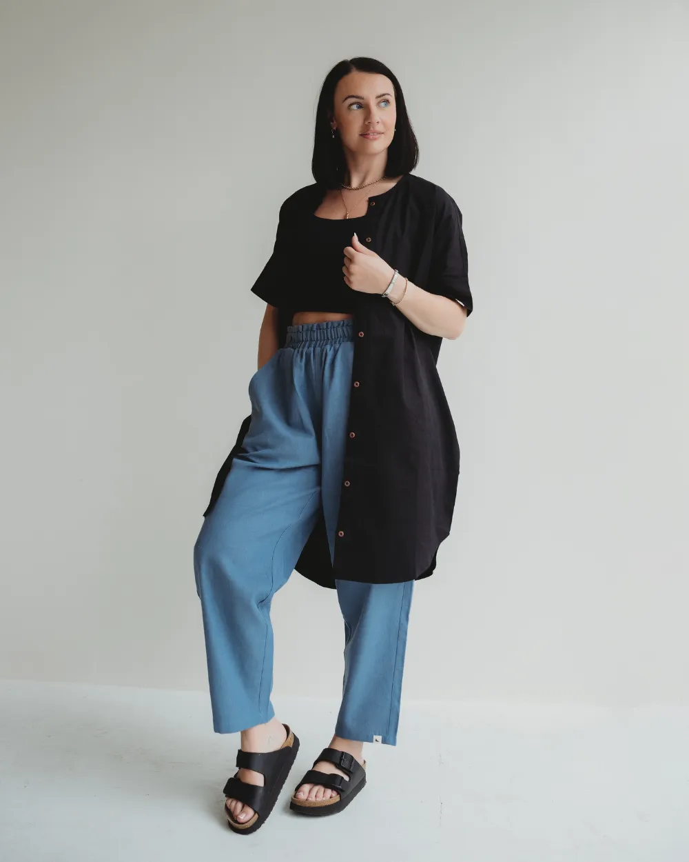 Kate Blue Denim Barrel Leg Trousers Clean Lines Day Comfort
