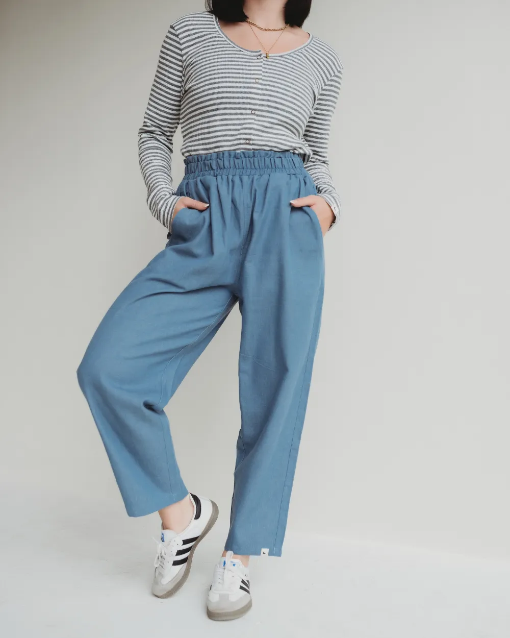 Kate Blue Denim Barrel Leg Trousers Minimal Comfort