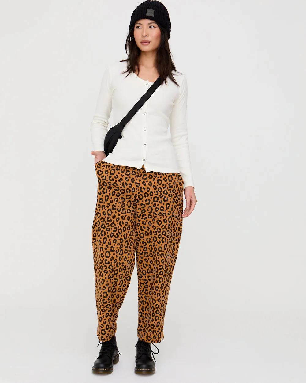 High-waisted fit Boho chic Kate Brown Mini Animal Print Barrel Leg Trousers