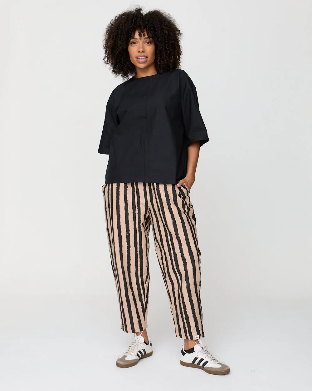 Comfy All-Day HighRiseWaistband Kate Multicolour Painted Stripe Print Barrel Leg Trousers