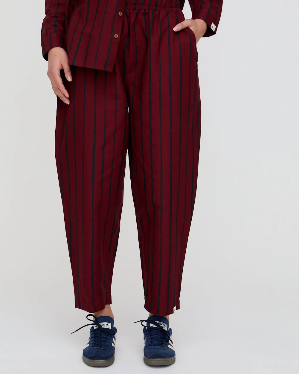 RecycledMaterial Kate Red Stripe Print Barrel Leg Trousers