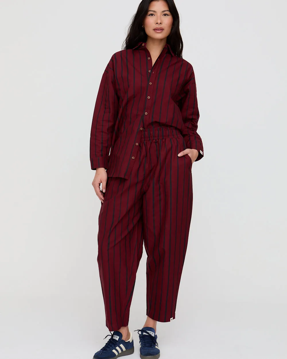 High Rise Design All Purpose Fit Kate Red Stripe Print Barrel Leg Trousers