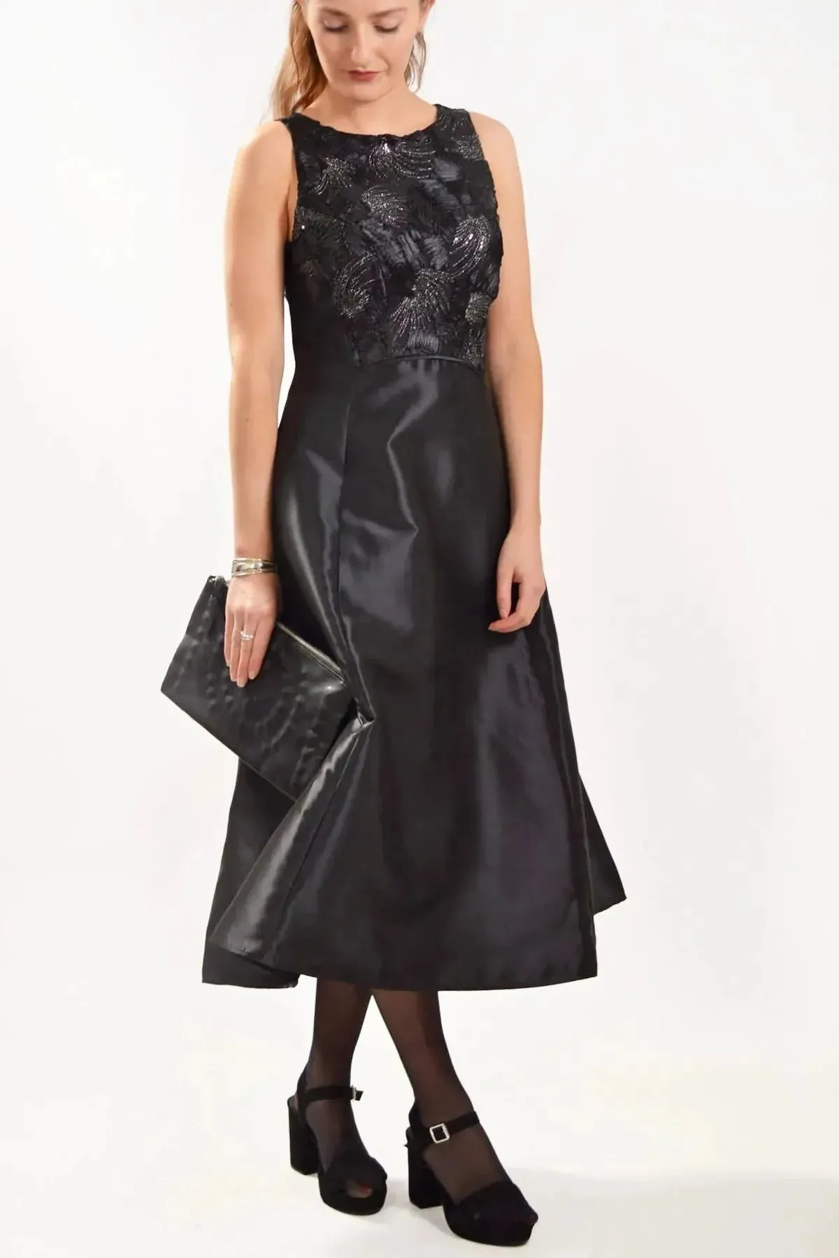 Stretchable Breathable-Lining Lace Beaded Midi Cocktail Dress