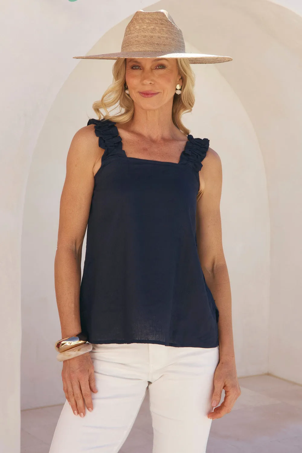 Comfort and Ease Claire Linen Summer Top in Navy
