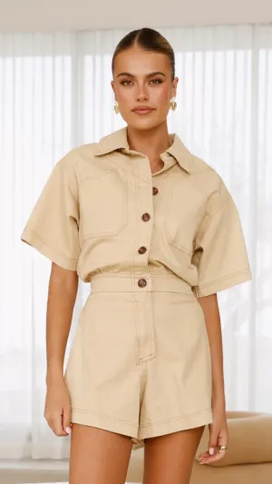 FlexibleMaterial Permanent Crease Nella Playsuit - Beige Denim